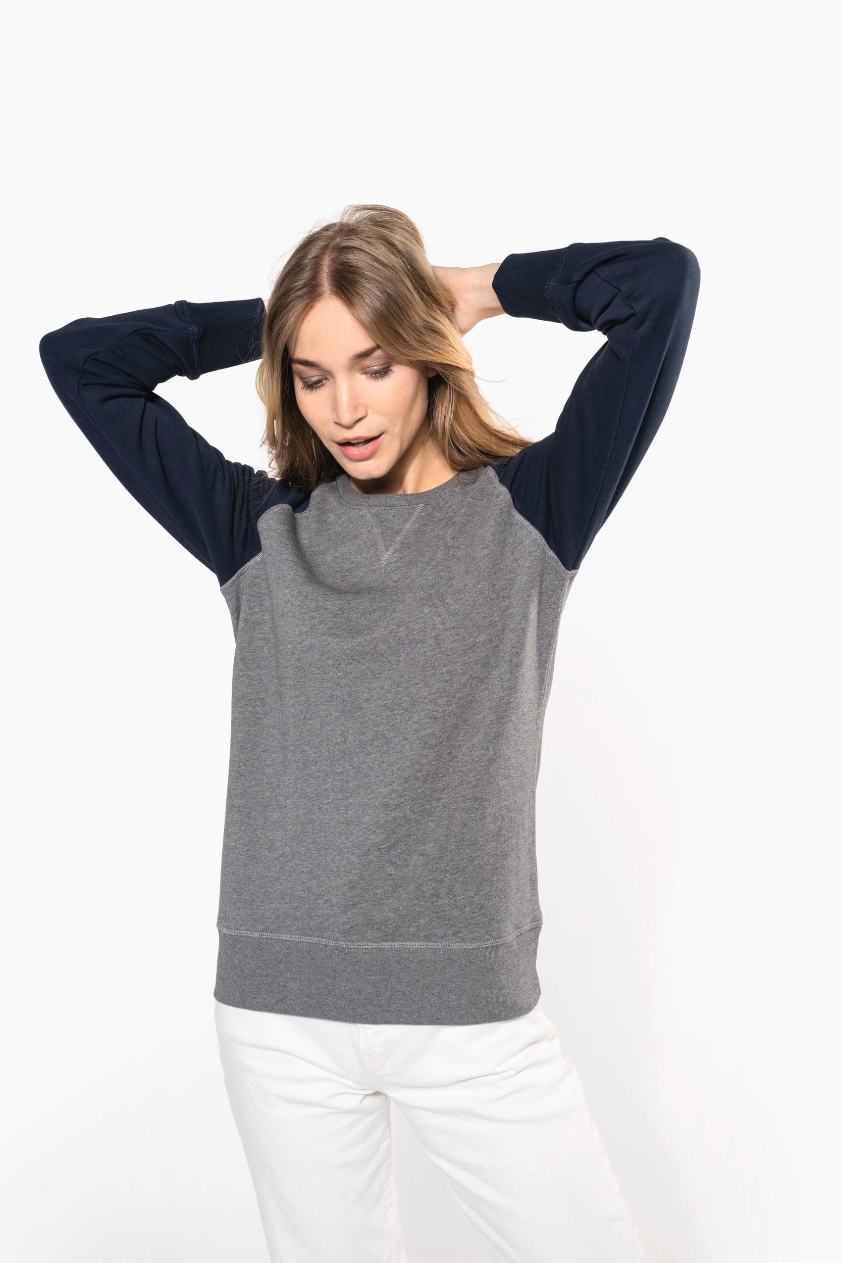 Sweatshirt BIO French Terry bicolor de senhora com decote redondo e mangas raglan