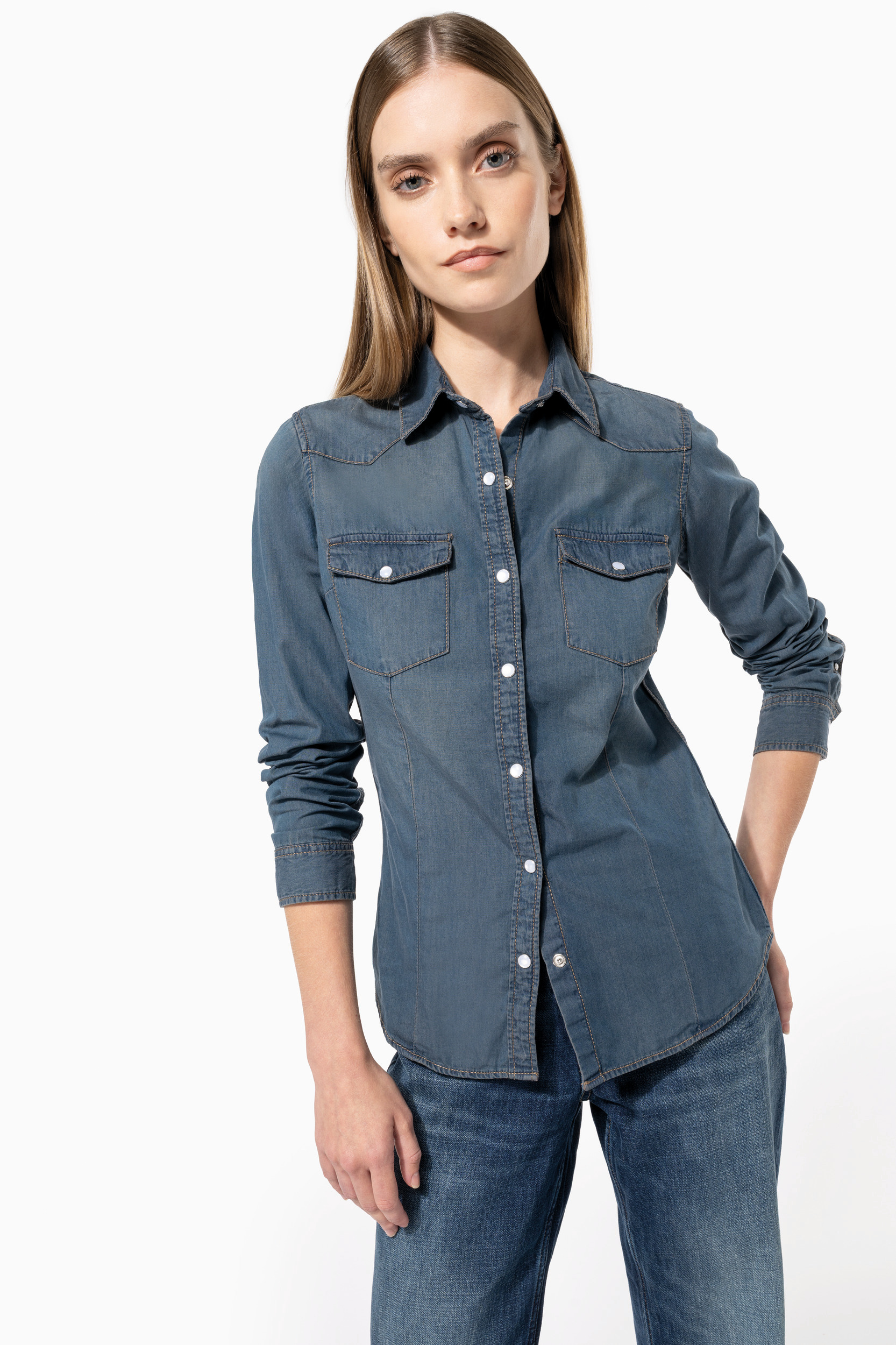 Camicia In Denim Con Bottoni A Maniche Corte Top In Denim Di Cotone Con Tasche Sul Petto Camicie Autunnali Da Donna, BU3., XL - Foto 6