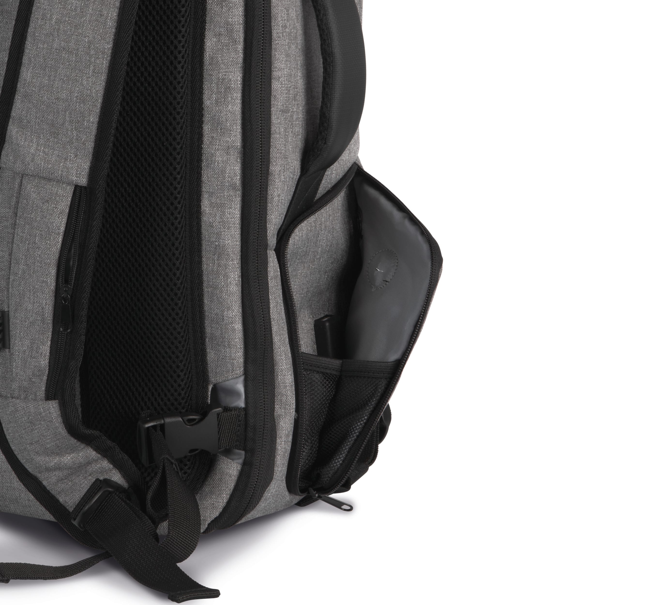 Mochila anti-roubo em poliéster.