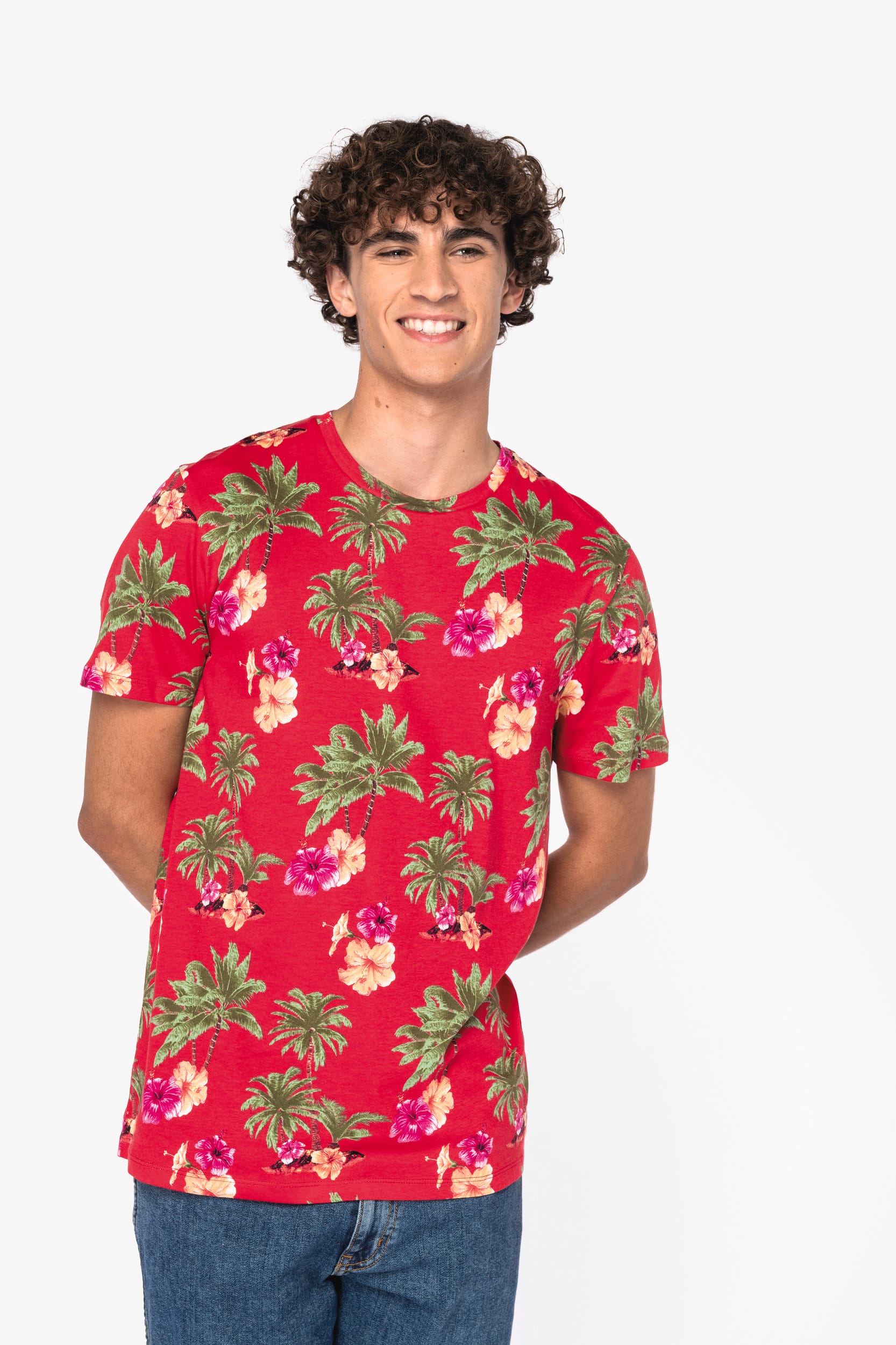 T-shirt eco-responsável com padrão tropical de homem