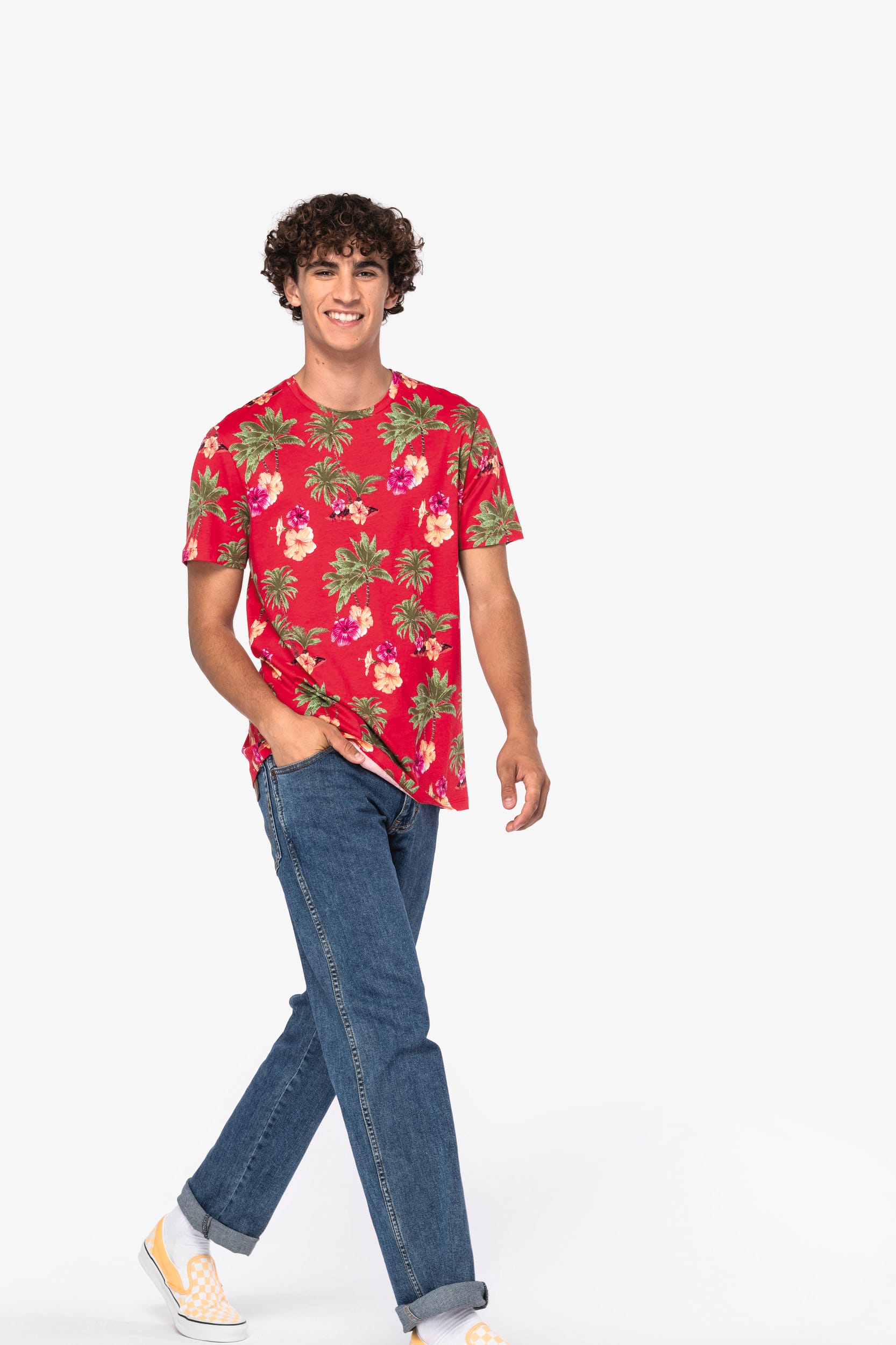 T-shirt eco-responsável com padrão tropical de homem