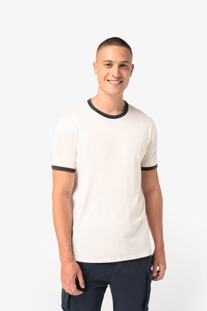 Ecologisch ringer heren T-shirt met contrasterende boorden en verwassen look 