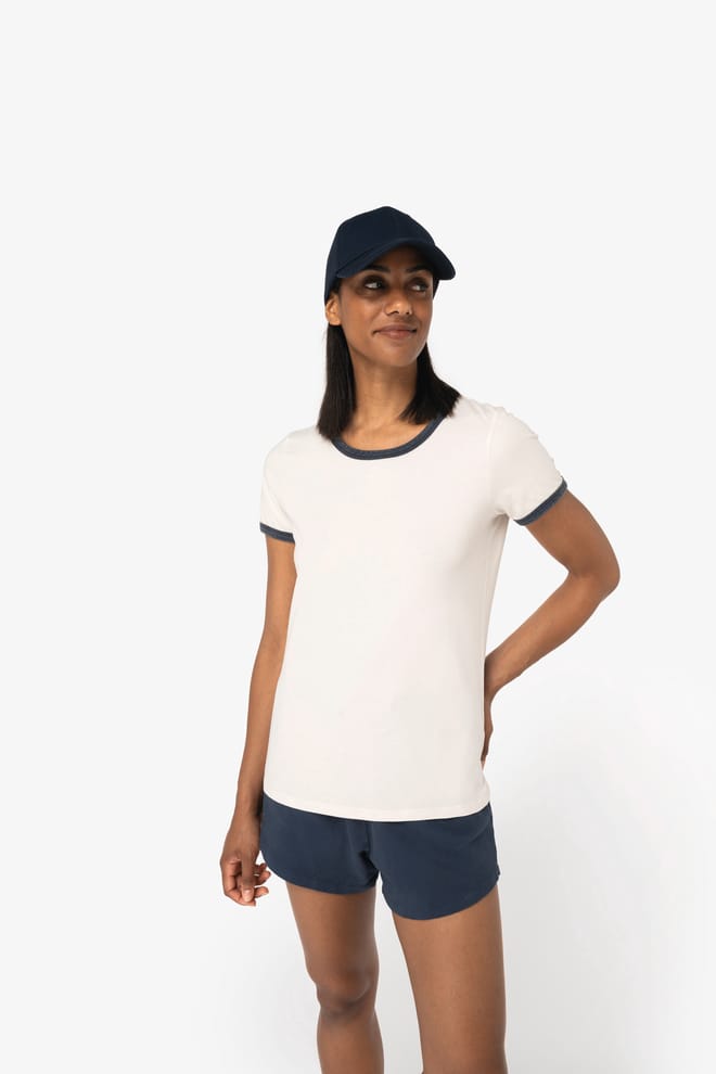 Ecologisch ringer dames T-shirt met contrasterende boorden en verwassen look 