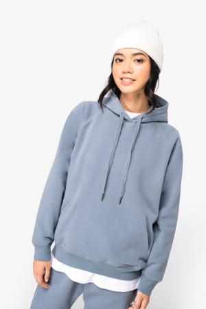 Ecologische damessweater met capuchon en raglanmouwen