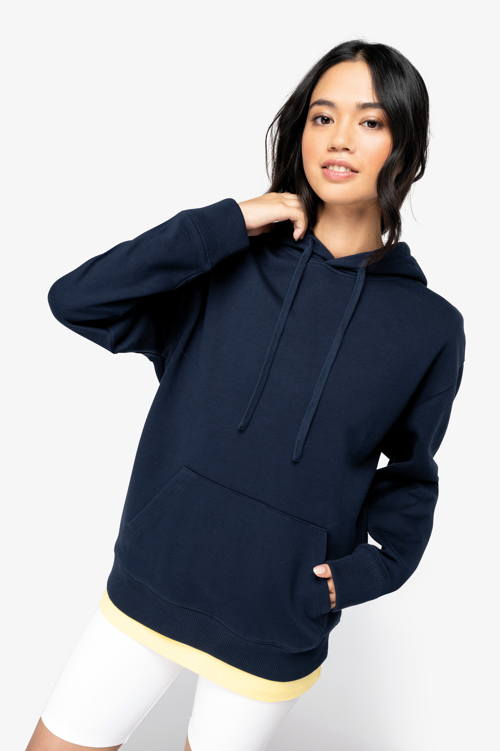 Ecologische uniseks sweater met capuchon en verlaagde schouders French Terry