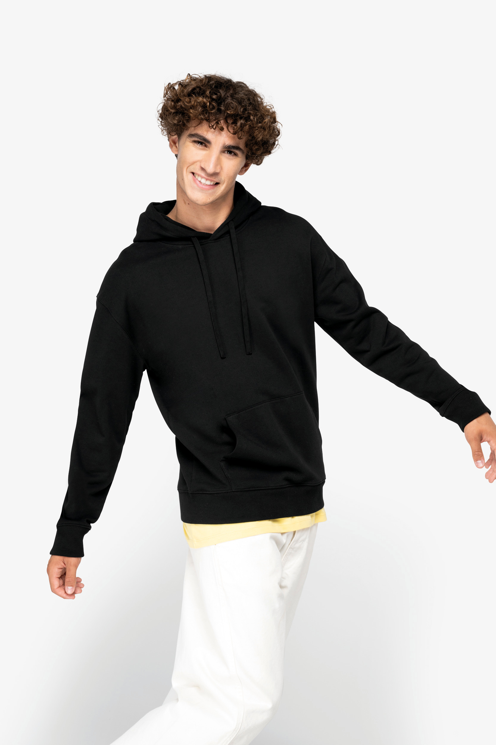 Ecologische uniseks sweater met capuchon en verlaagde schouders French Terry