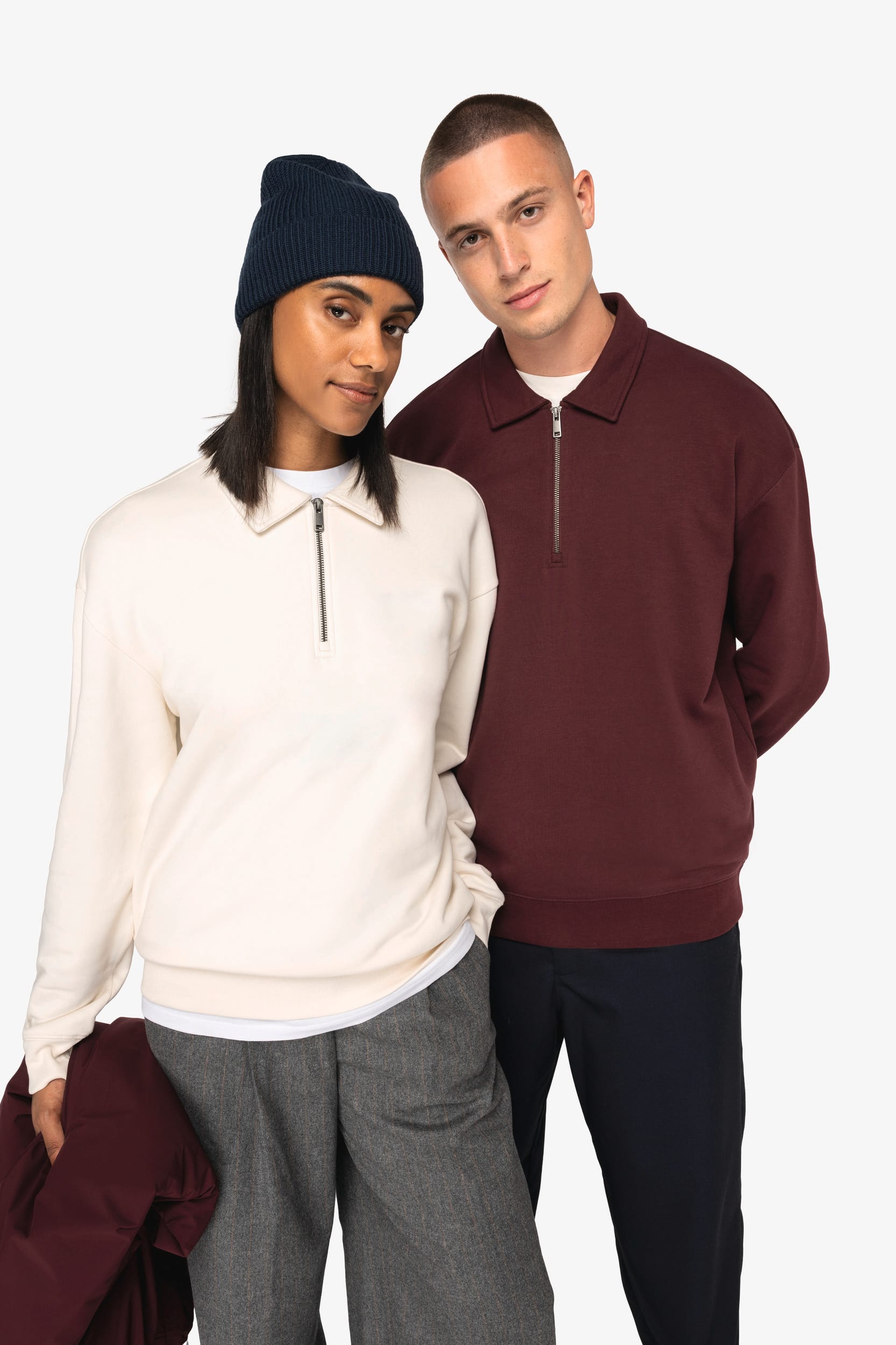 Eco-friendly unisex dropped shoulders quarter zipper sweatshirt with polo collar