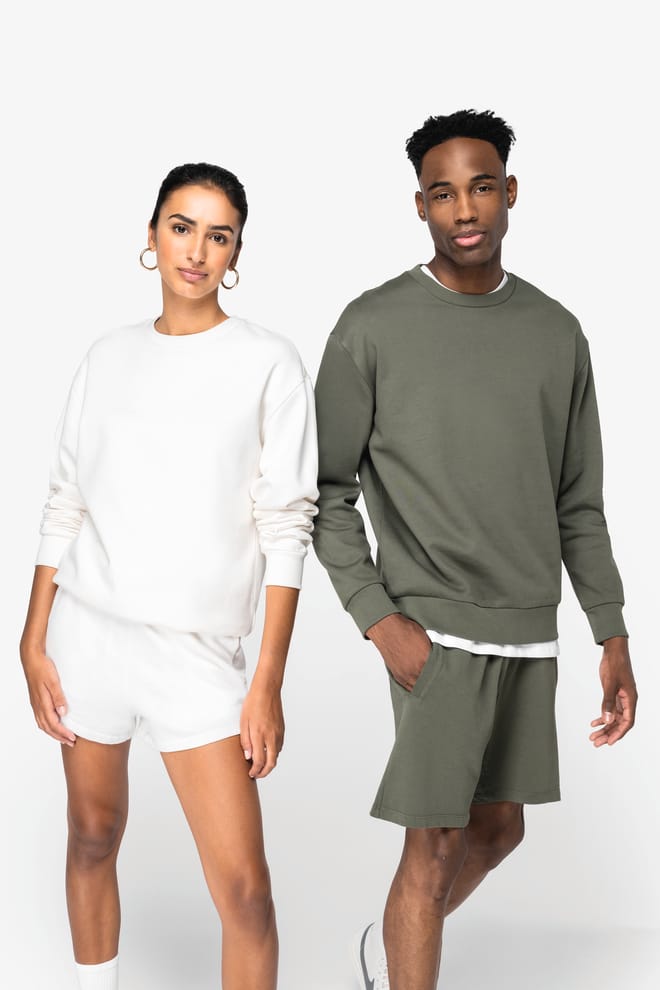 Felpa girocollo unisex ecosostenibile con spalle scese i in felpa garzata