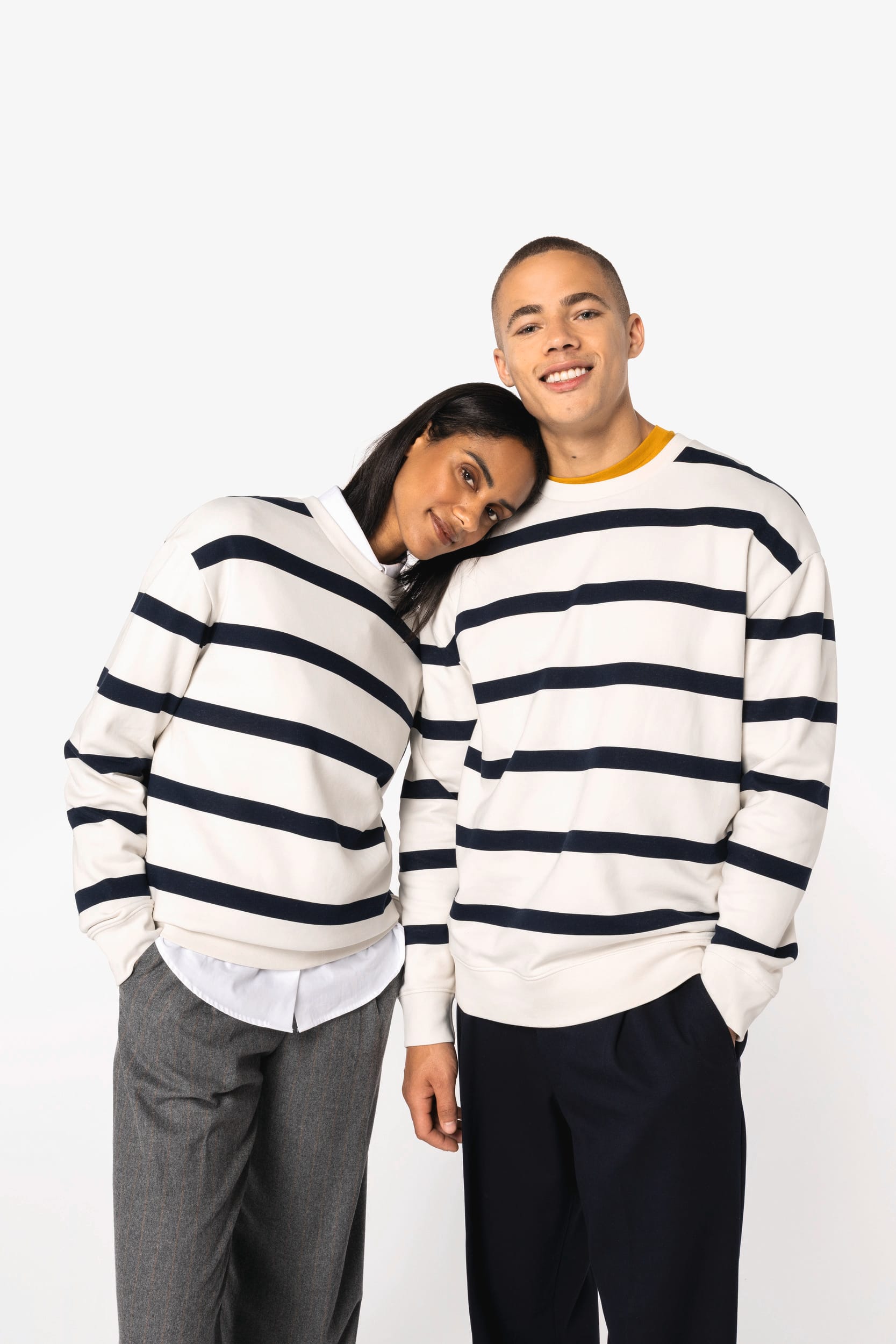 Eco-friendly unisex striped dropped shoulders round neck sweatshirt