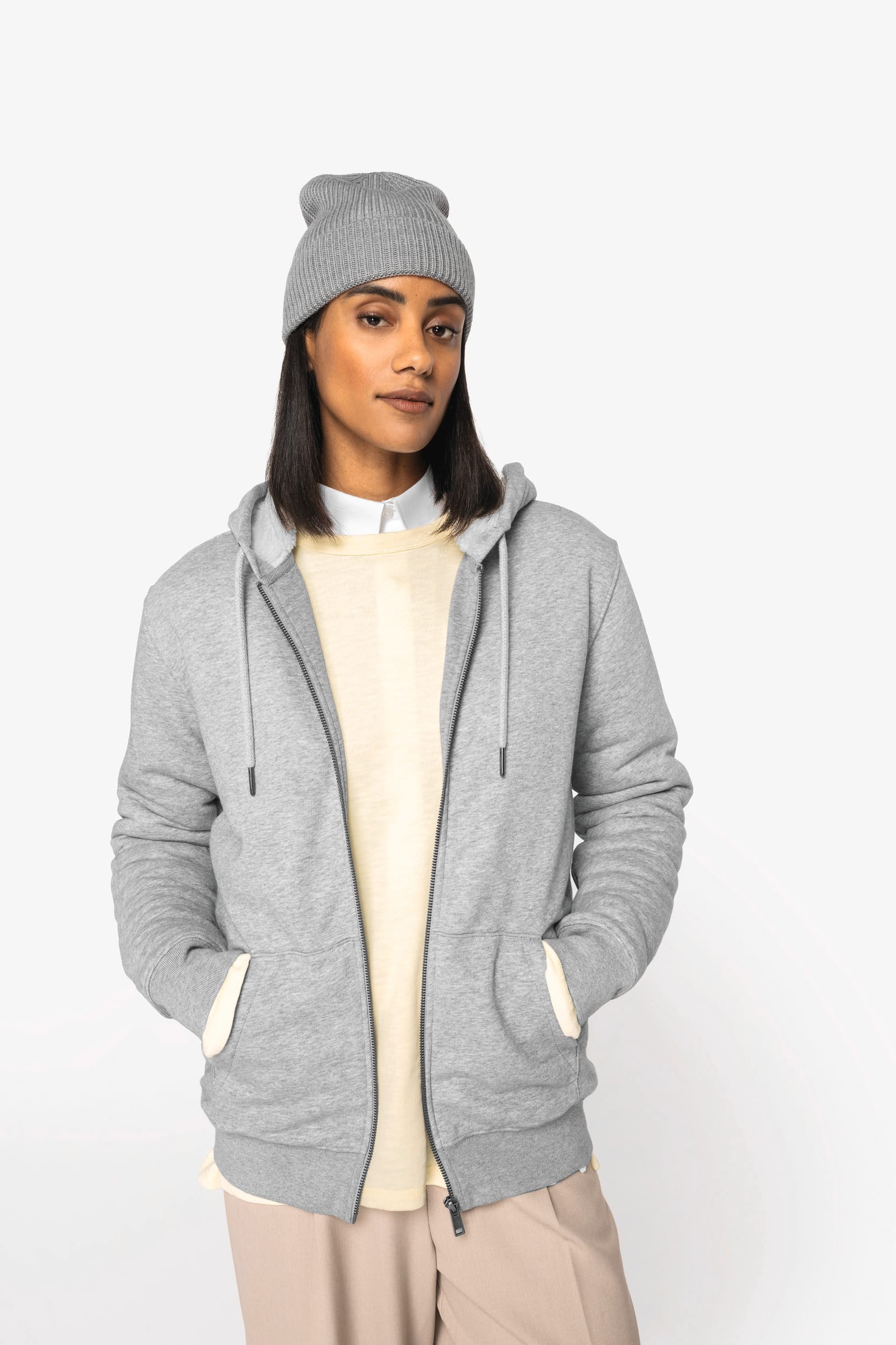 Ecologische uniseks sweater met rits en sherpavoering