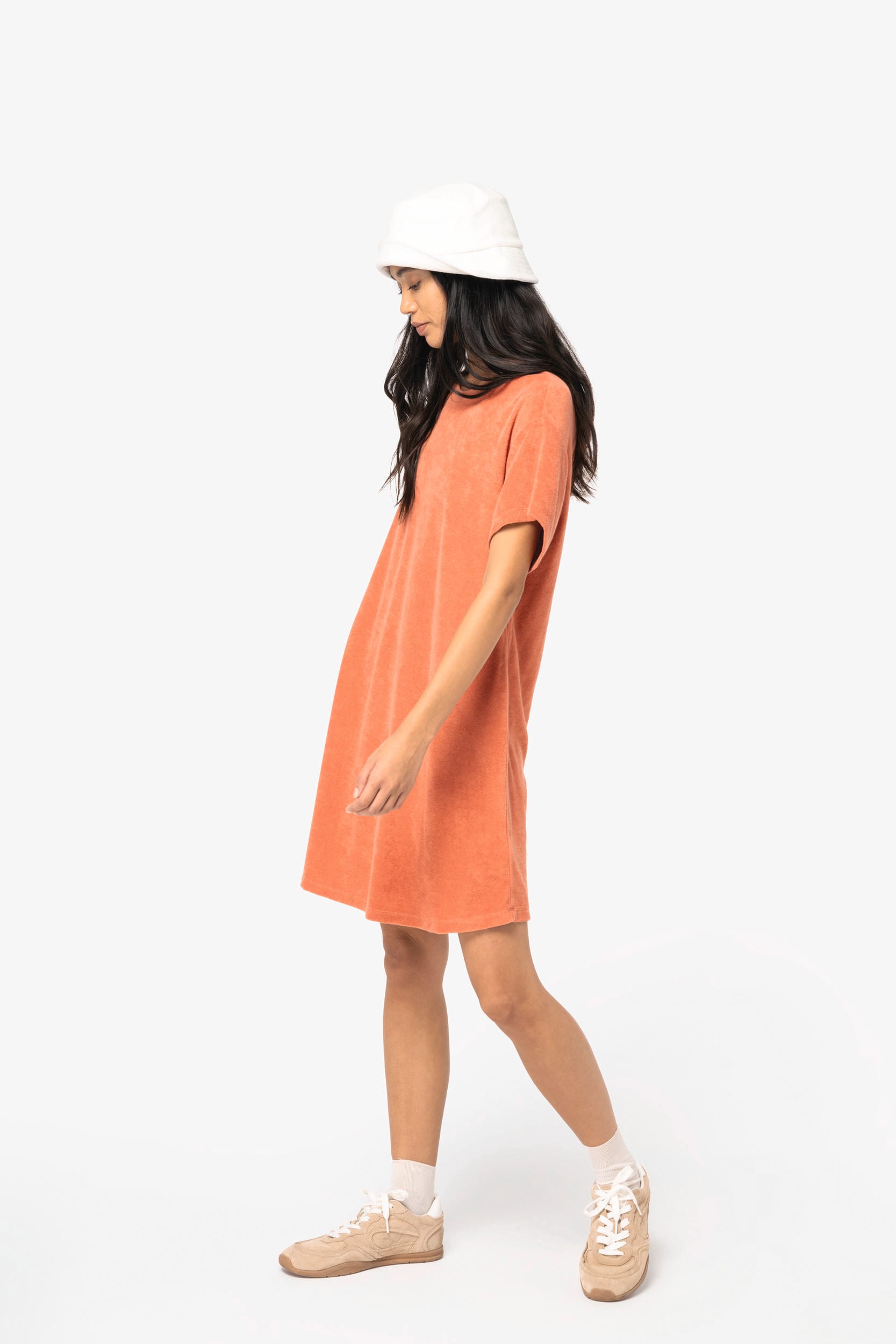 Vestido eco-responsável  em malha turca com ombros descaídos de senhora