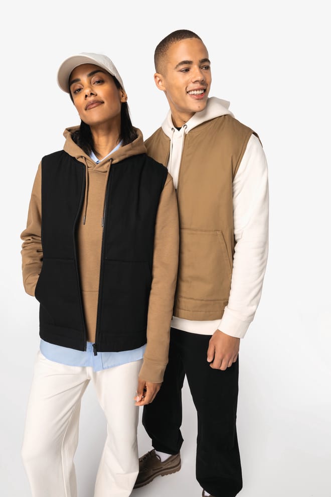 Eco-friendly unisex padded twill bodywarmer with teddy collar