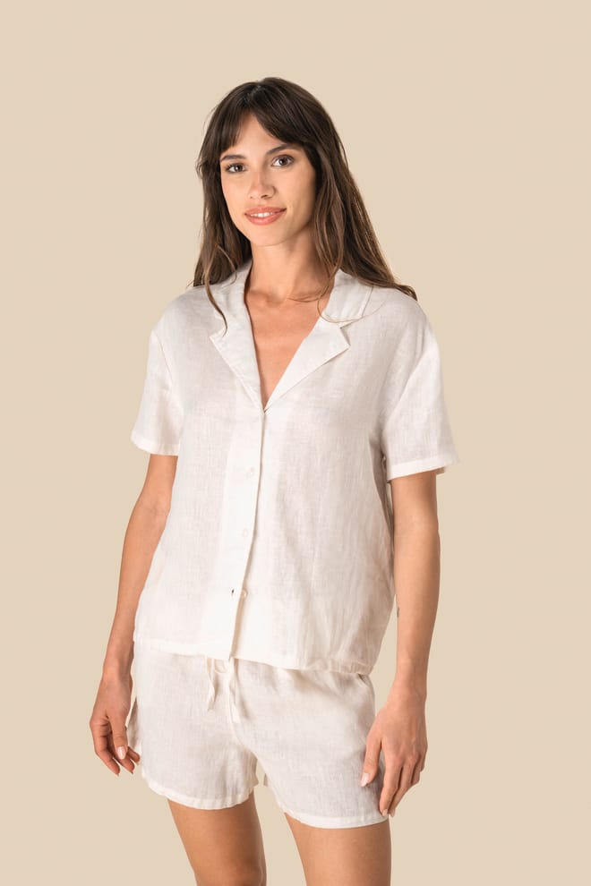 Chemise manches courtes en lin à col bowling femme 