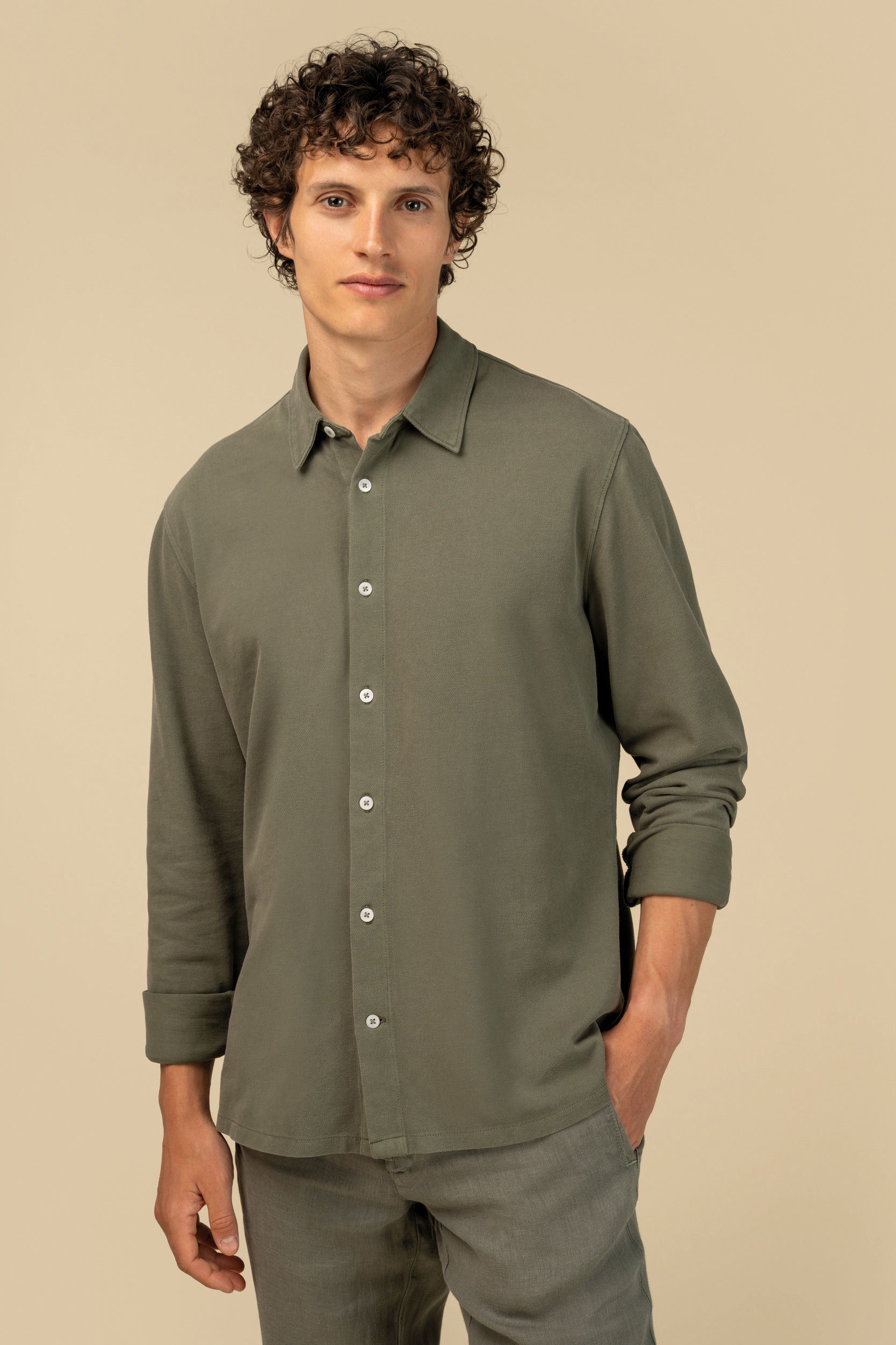 Duurzaam herenoverhemd met verwassen look in piquétricot