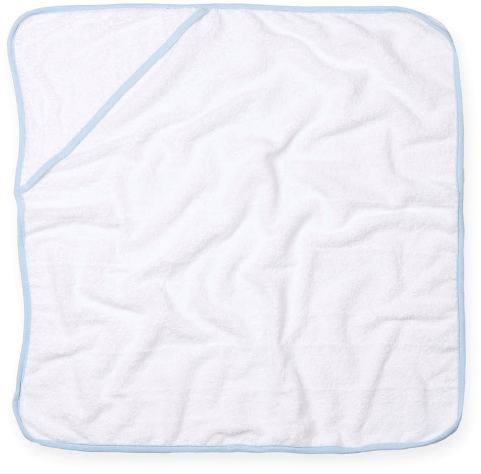 sortie de bain bébé blanc avec passepoil contrasté bleu sur les bordures