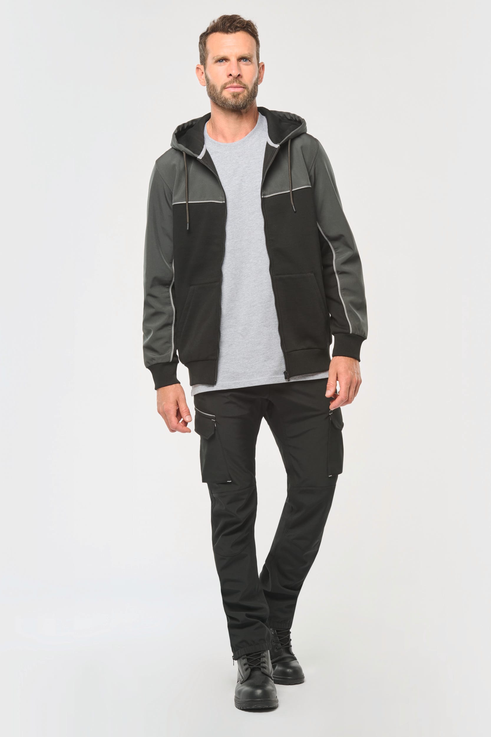 Casaco cardado bicolor com fecho e capuz eco-responsável unissexo