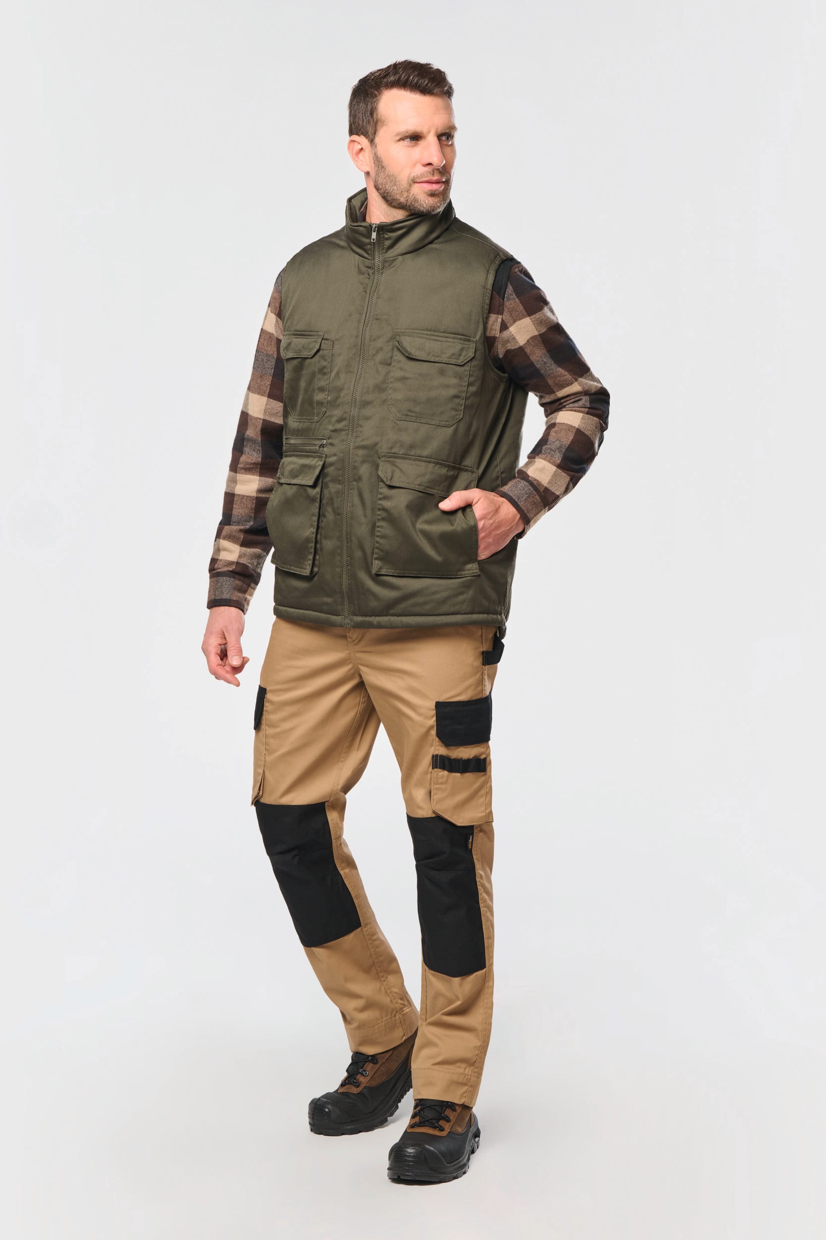 Colete poliéster/algodão multibolsos acolchoado unissexo