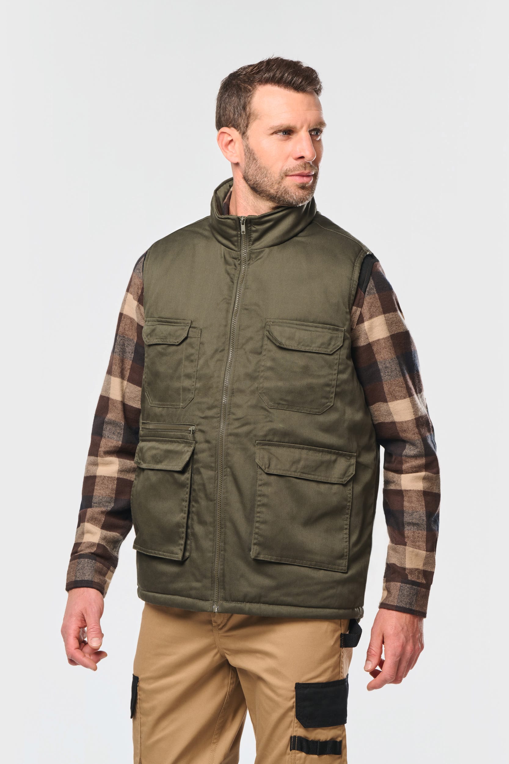 Colete poliéster/algodão multibolsos acolchoado unissexo