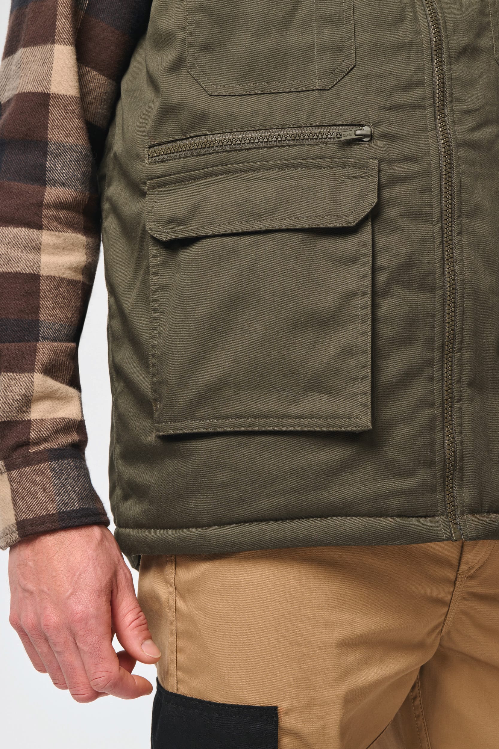 Colete poliéster/algodão multibolsos acolchoado unissexo