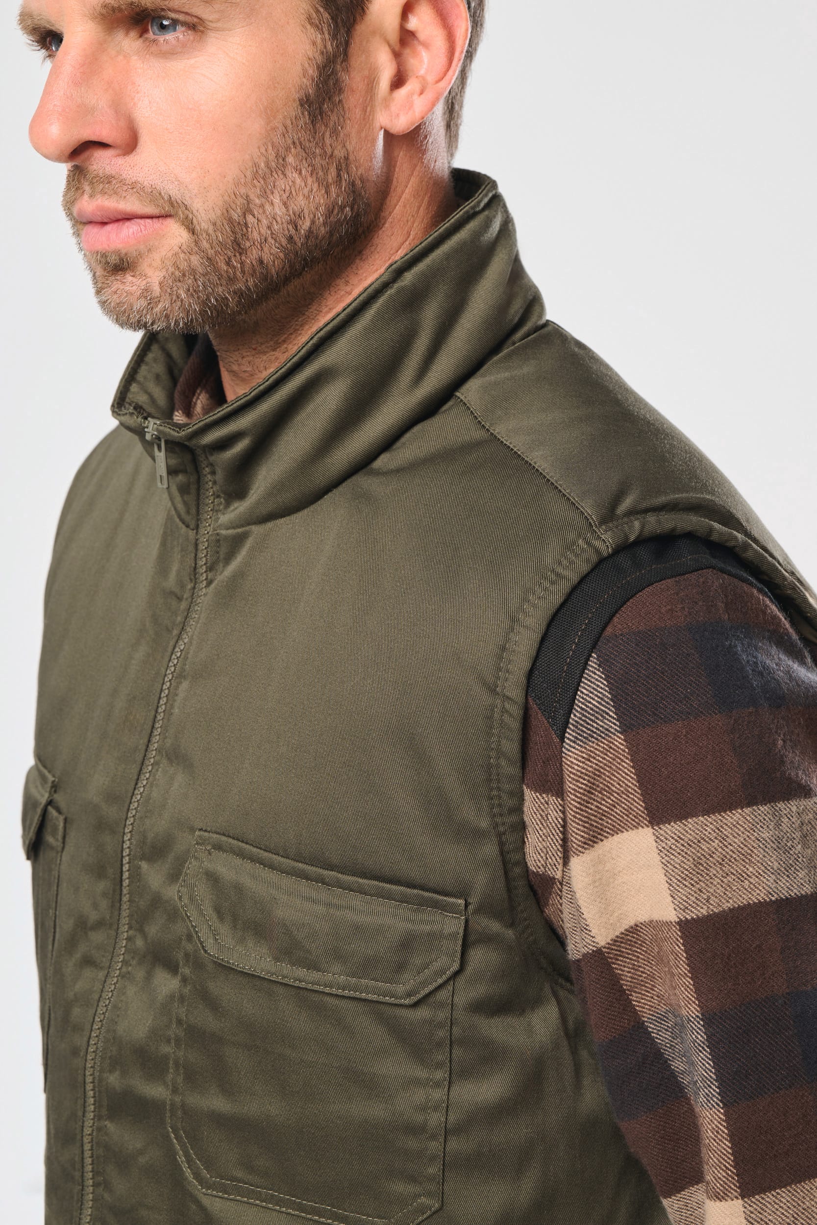 Colete poliéster/algodão multibolsos acolchoado unissexo