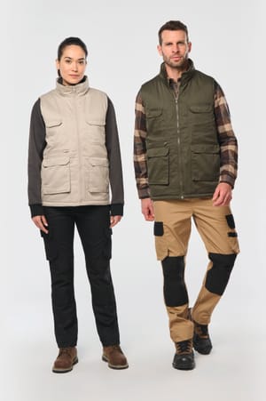 Gewatteerde uniseks bodywarmer van polykatoen multizakken