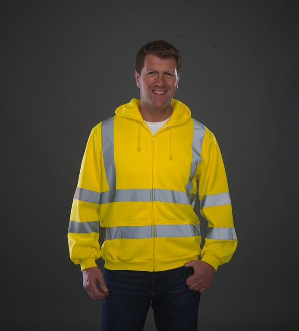 Sweat à Capuche Homme Jaune Fluo Zippé Athleisure - Patch Brodé Bras, Style Sportswear Tendance